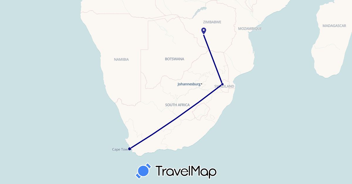 TravelMap itinerary: driving in Swaziland, South Africa, Zimbabwe (Africa)